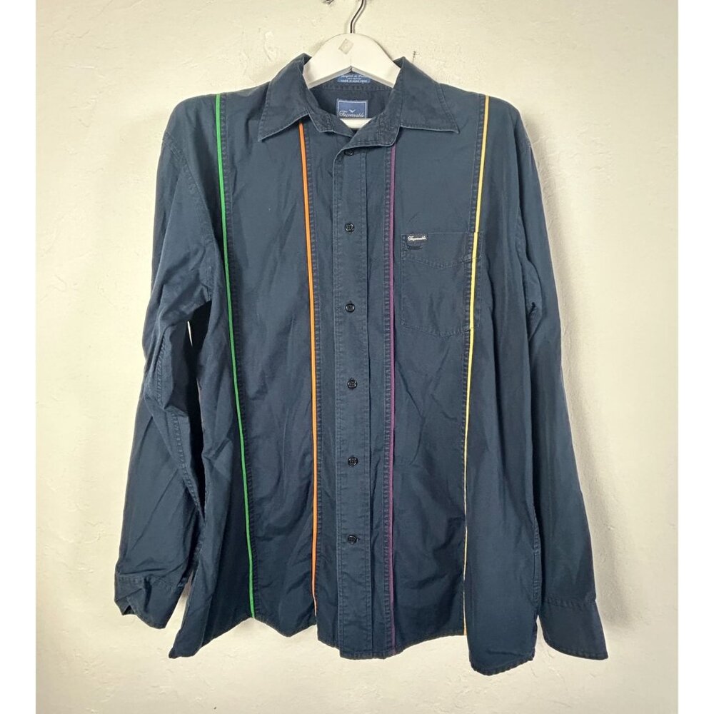 Faconnable Mens Long-Sleeve Button-Up Shirt Large Navy Multicolor Stripes Casual